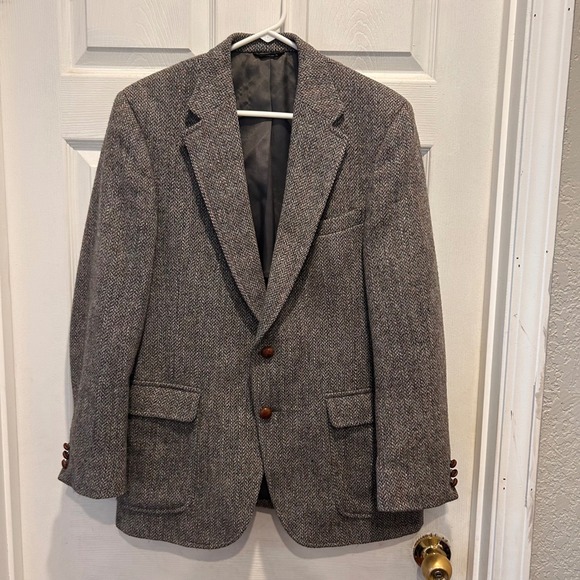 PBM Harris Tweed Wool Blazer Mens Gray Brown Herringbone USA Made 40 Academia